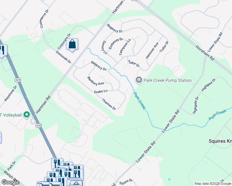 map of restaurants, bars, coffee shops, grocery stores, and more near 212 Drake Lane in North Wales