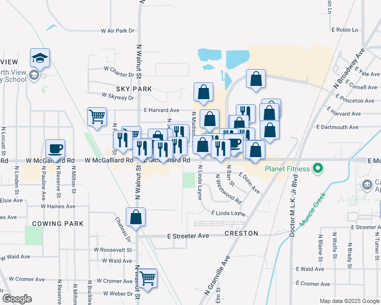 map of restaurants, bars, coffee shops, grocery stores, and more near 400 E McGalliard Rd in Muncie