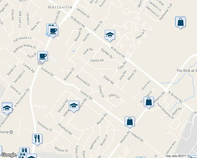 map of restaurants, bars, coffee shops, grocery stores, and more near 731 Cheryl Drive in Warminster