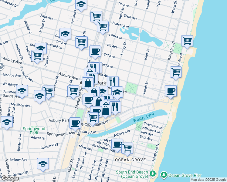 map of restaurants, bars, coffee shops, grocery stores, and more near 512 Asbury Avenue in Asbury Park