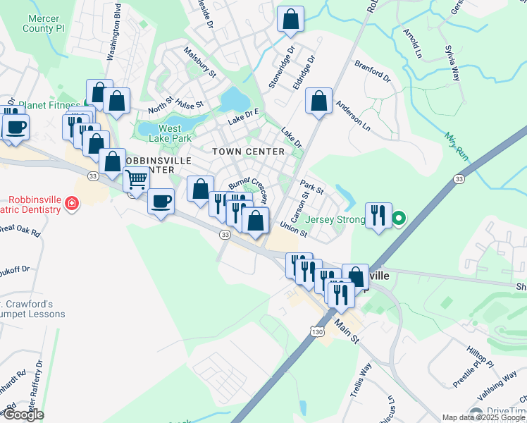 map of restaurants, bars, coffee shops, grocery stores, and more near 78 Union Street in Robbinsville Township