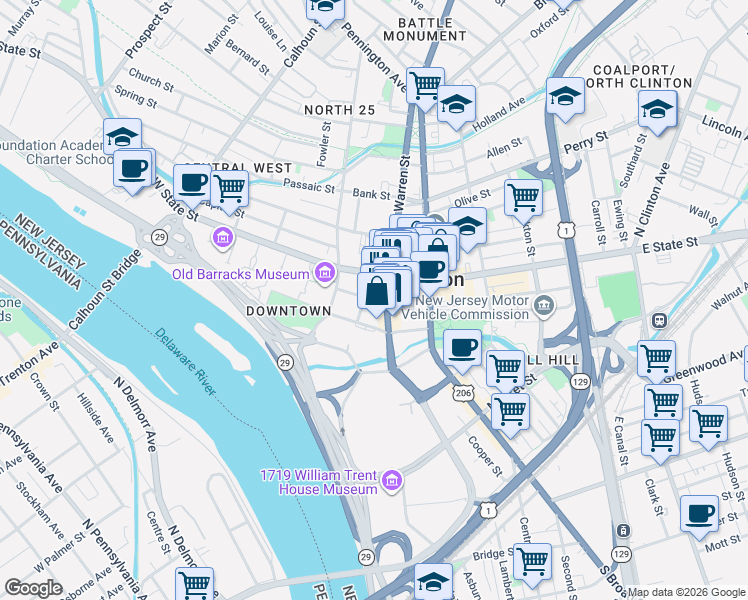 map of restaurants, bars, coffee shops, grocery stores, and more near 28 Lincoln Highway in Trenton