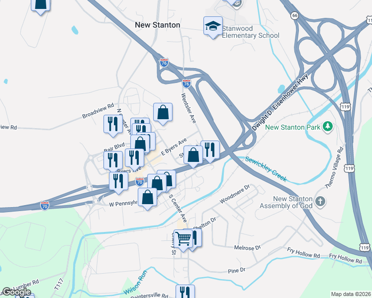 map of restaurants, bars, coffee shops, grocery stores, and more near 109 Stan Avenue in New Stanton