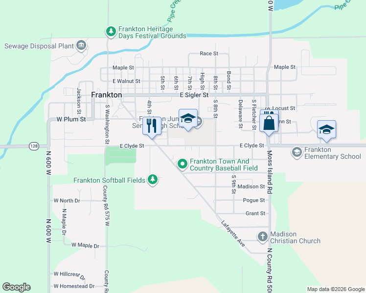 map of restaurants, bars, coffee shops, grocery stores, and more near 507 Clyde Street in Frankton
