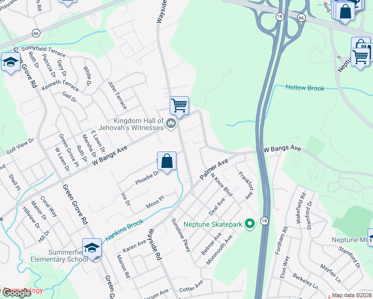 map of restaurants, bars, coffee shops, grocery stores, and more near 634 Wayside Road in Neptune City