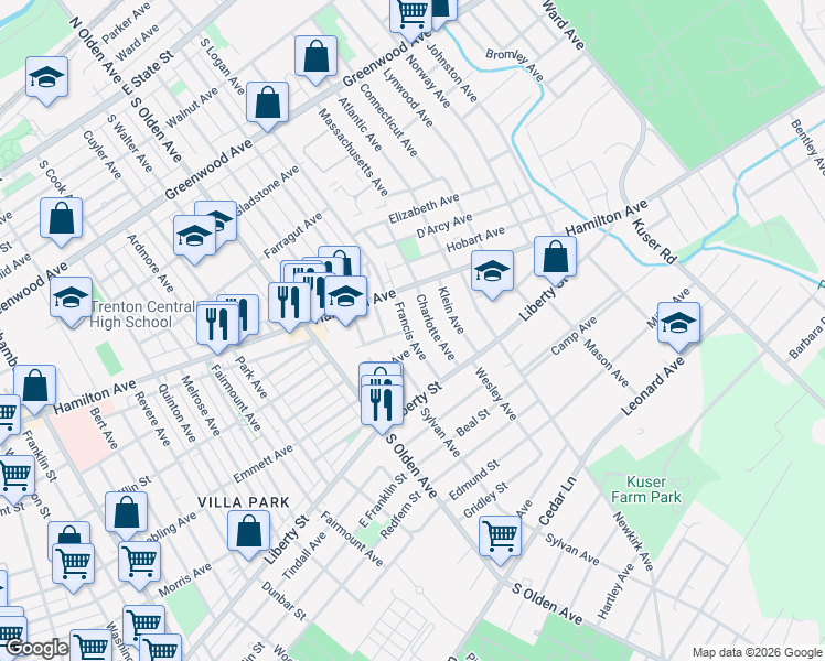 map of restaurants, bars, coffee shops, grocery stores, and more near 34 Francis Avenue in Hamilton Township