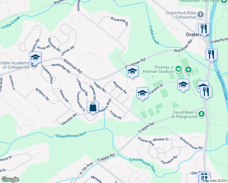 map of restaurants, bars, coffee shops, grocery stores, and more near 102 Yorktown Road in Collegeville