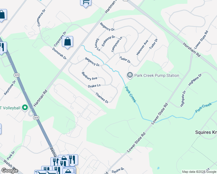 map of restaurants, bars, coffee shops, grocery stores, and more near 212 Drake Lane in North Wales