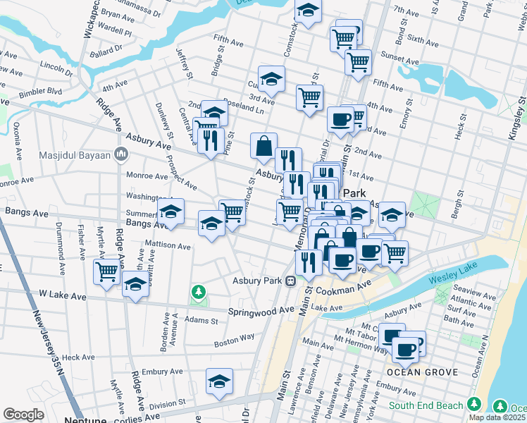 map of restaurants, bars, coffee shops, grocery stores, and more near 1008 Monroe Avenue in Asbury Park