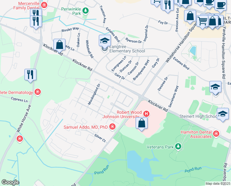 map of restaurants, bars, coffee shops, grocery stores, and more near 67 Hummingbird Drive in Hamilton Township