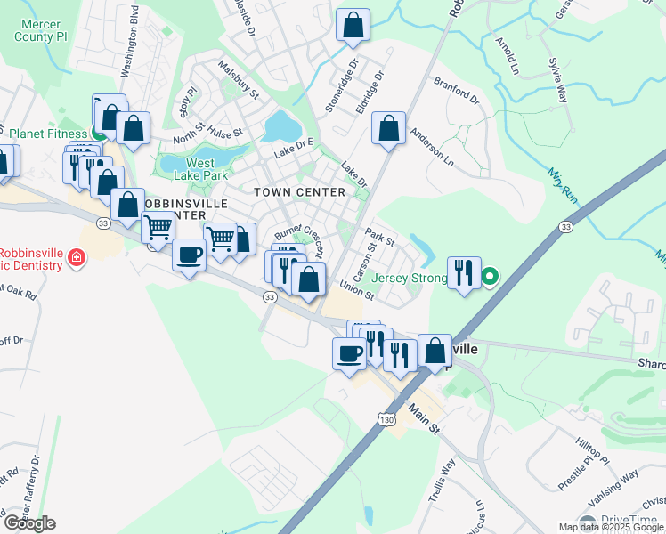 map of restaurants, bars, coffee shops, grocery stores, and more near 975 Robbinsville Edinburg Road in Trenton