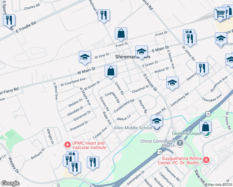 map of restaurants, bars, coffee shops, grocery stores, and more near 16 Courtland Rd in Camp Hill