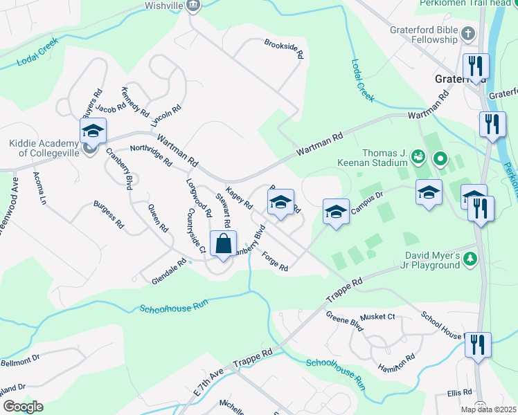 map of restaurants, bars, coffee shops, grocery stores, and more near 101 Yorktown Road in Collegeville