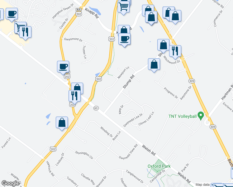 map of restaurants, bars, coffee shops, grocery stores, and more near 115 Stump Road in North Wales