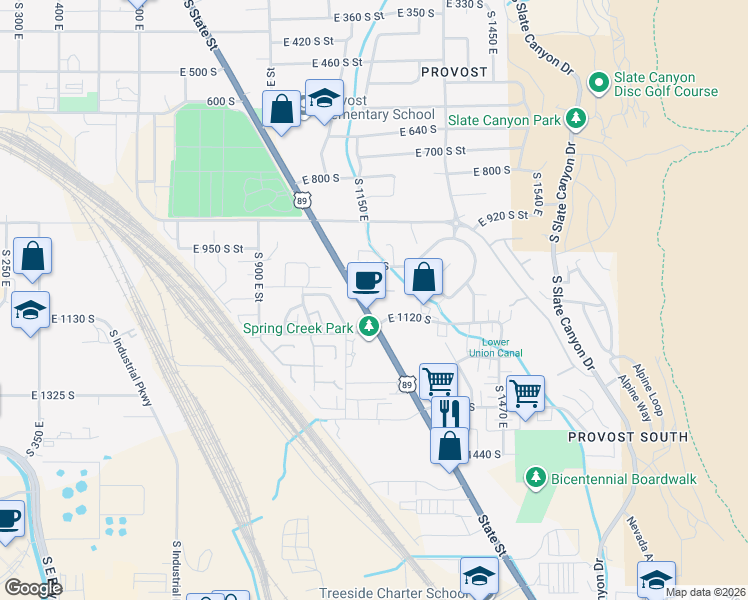 map of restaurants, bars, coffee shops, grocery stores, and more near 1105 South State Street in Provo