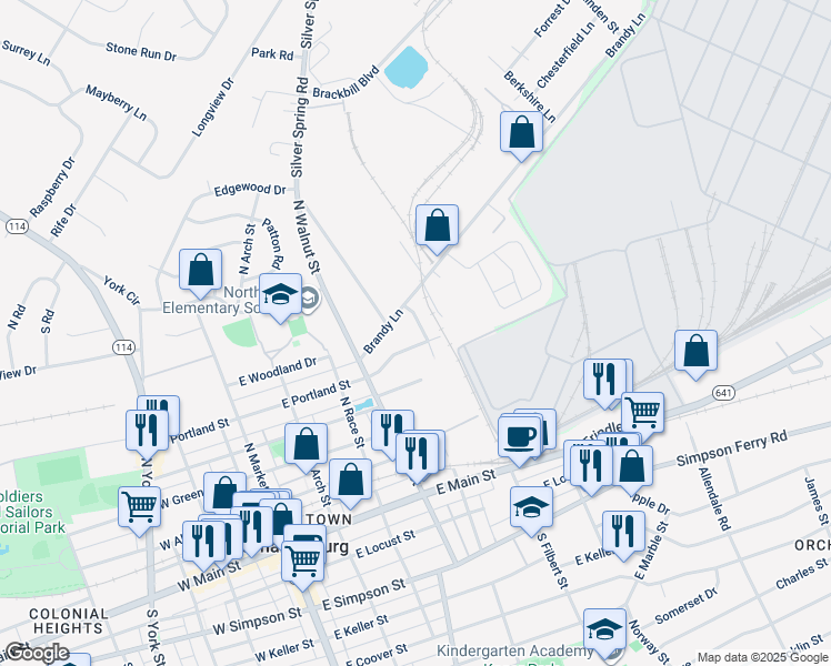 map of restaurants, bars, coffee shops, grocery stores, and more near 403 North Filbert Street in Mechanicsburg