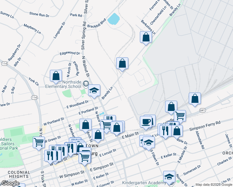 map of restaurants, bars, coffee shops, grocery stores, and more near 403 North Filbert Street in Mechanicsburg