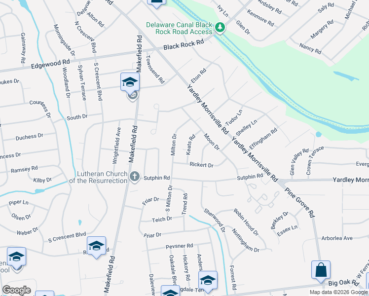 map of restaurants, bars, coffee shops, grocery stores, and more near 7 Keats Road in Yardley