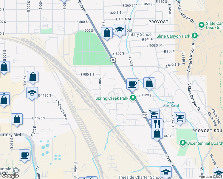 map of restaurants, bars, coffee shops, grocery stores, and more near 1056 South 1000 East in Provo