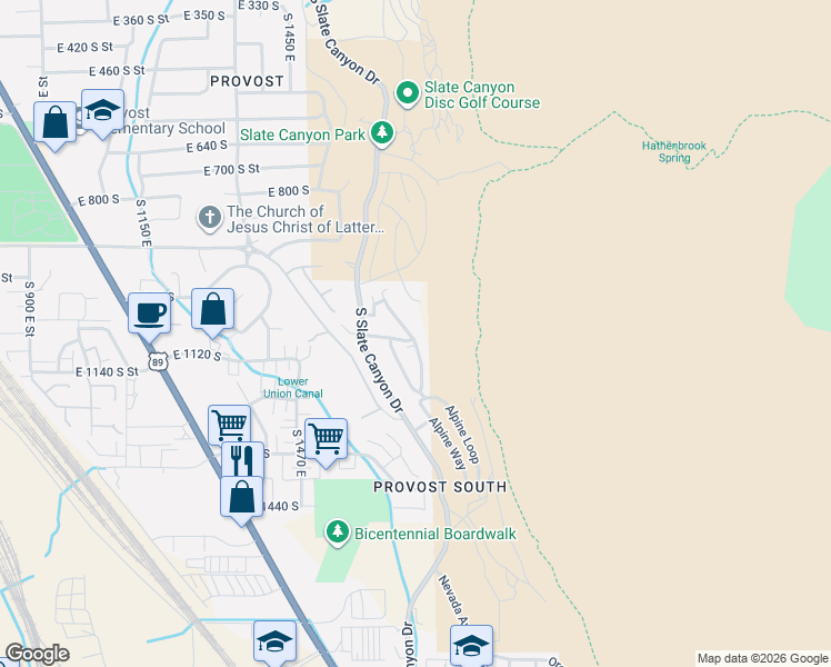 map of restaurants, bars, coffee shops, grocery stores, and more near 1077 South Canyon Drive in Springville