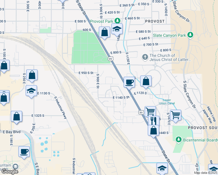 map of restaurants, bars, coffee shops, grocery stores, and more near 1062 South 950 East in Provo