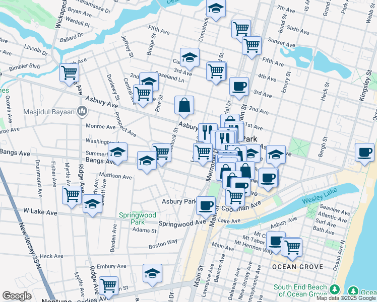 map of restaurants, bars, coffee shops, grocery stores, and more near 1006 Monroe Avenue in Asbury Park