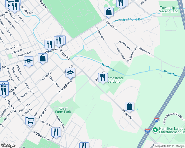map of restaurants, bars, coffee shops, grocery stores, and more near 520 Kuser Road in Hamilton Township