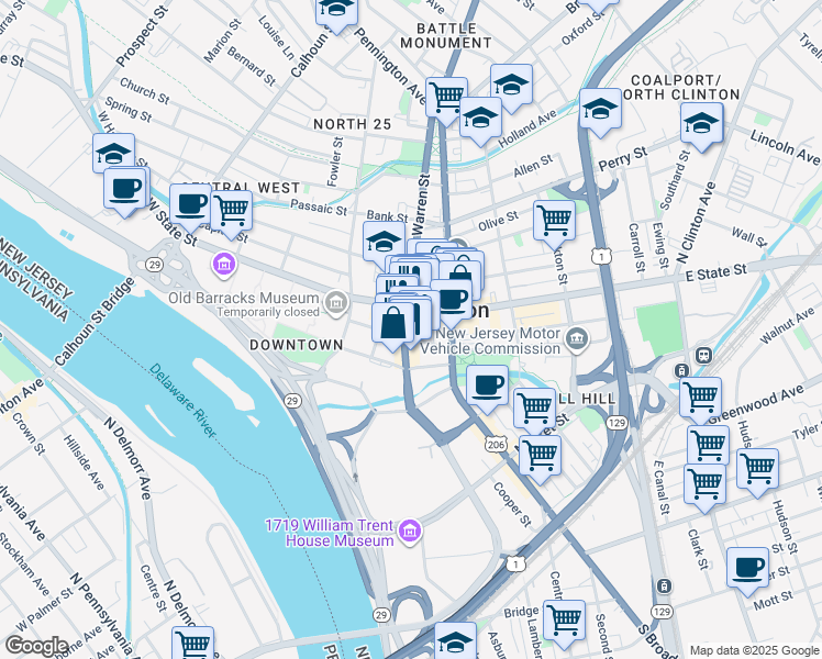 map of restaurants, bars, coffee shops, grocery stores, and more near 28 Lincoln Highway in Trenton