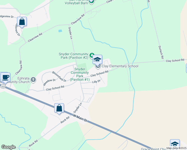 map of restaurants, bars, coffee shops, grocery stores, and more near 245 Clay School Road in Ephrata