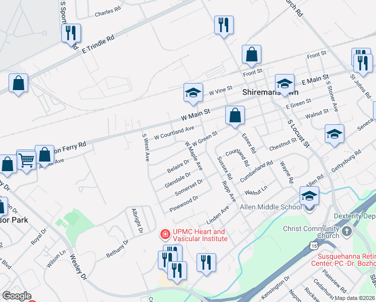 map of restaurants, bars, coffee shops, grocery stores, and more near 300 West Green Street in Shiremanstown