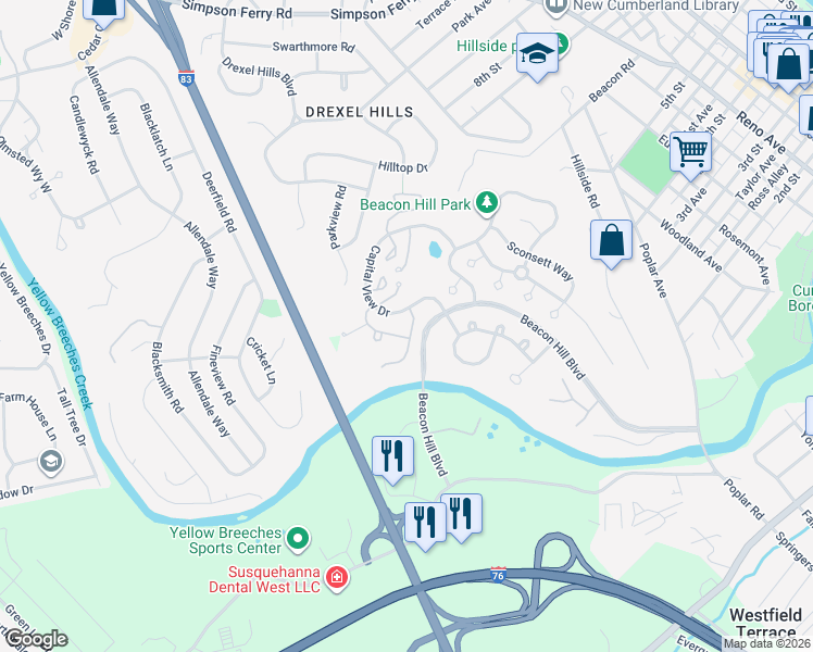 map of restaurants, bars, coffee shops, grocery stores, and more near 1707 Creek Vista Drive in New Cumberland