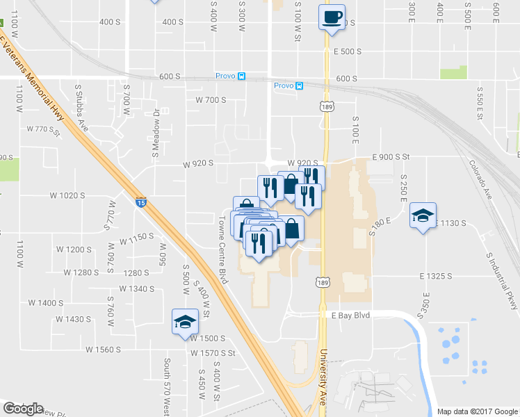 map of restaurants, bars, coffee shops, grocery stores, and more near 1059 South 250 West Street in Provo