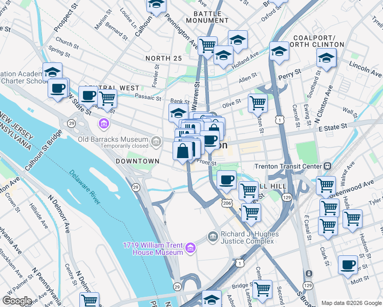 map of restaurants, bars, coffee shops, grocery stores, and more near 28 Lincoln Highway in Trenton