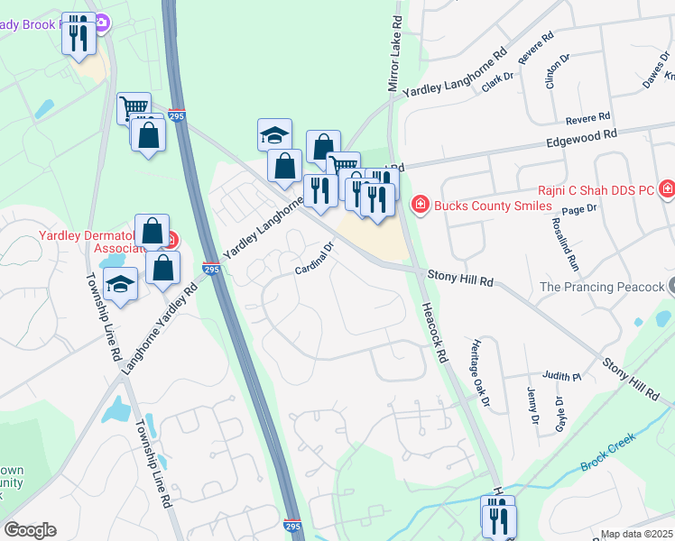 map of restaurants, bars, coffee shops, grocery stores, and more near 602A Rose Hollow Drive in Yardley