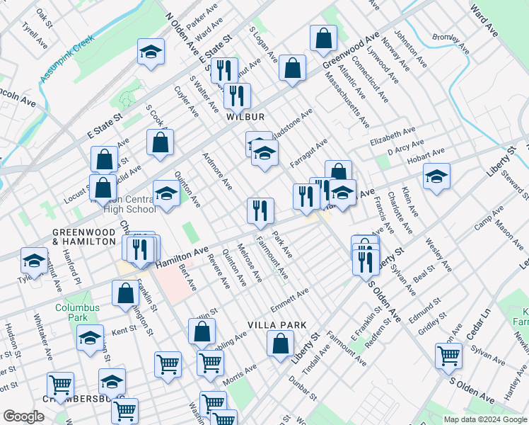map of restaurants, bars, coffee shops, grocery stores, and more near 431 Cuyler Avenue in Trenton