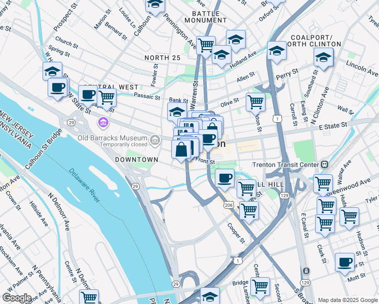 map of restaurants, bars, coffee shops, grocery stores, and more near 28 Lincoln Highway in Trenton