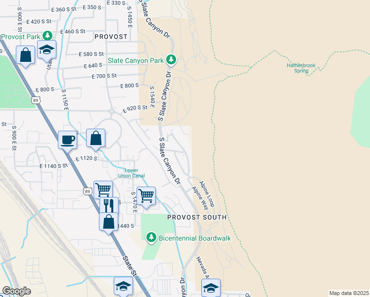 map of restaurants, bars, coffee shops, grocery stores, and more near 1077 Canyon Meadow Drive in Provo