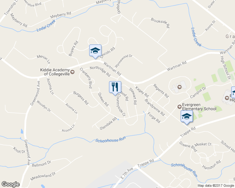 map of restaurants, bars, coffee shops, grocery stores, and more near 355 Countryside Court in Collegeville