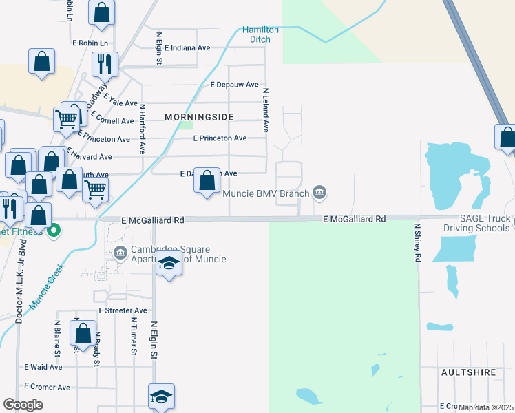 map of restaurants, bars, coffee shops, grocery stores, and more near 2410 East McGalliard Road in Muncie