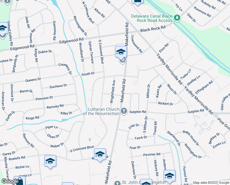 map of restaurants, bars, coffee shops, grocery stores, and more near 1800 Wrightfield Avenue in Yardley