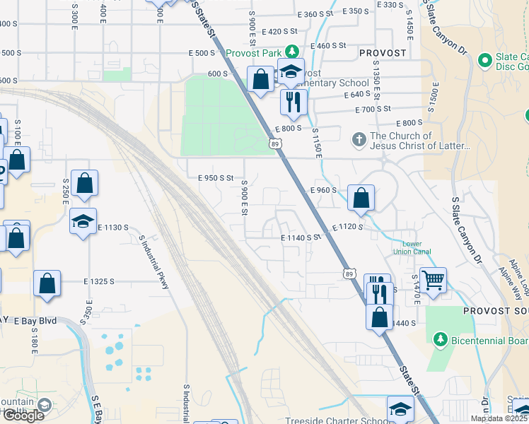 map of restaurants, bars, coffee shops, grocery stores, and more near 1044 South 950 East Street in Provo