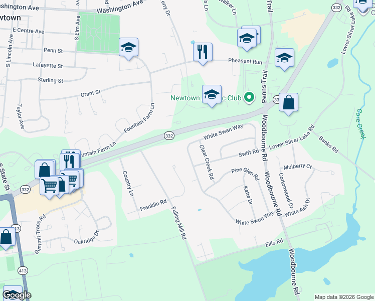 map of restaurants, bars, coffee shops, grocery stores, and more near 343 White Swan Way in Langhorne