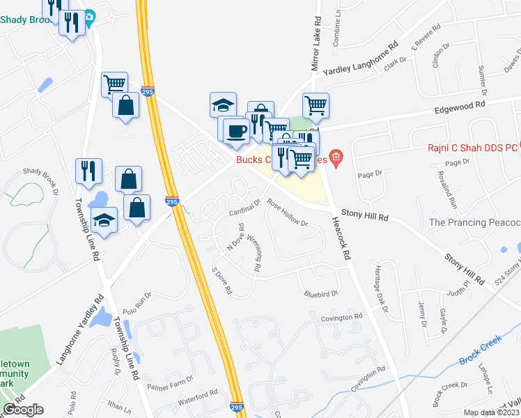 map of restaurants, bars, coffee shops, grocery stores, and more near 605B Rose Hollow Drive in Yardley