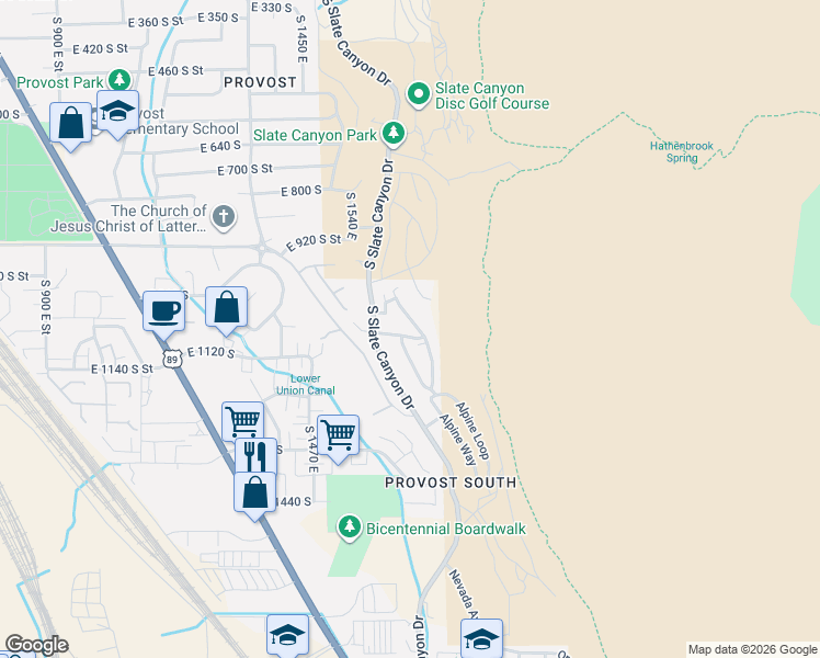 map of restaurants, bars, coffee shops, grocery stores, and more near 1068 Canyon Meadow Drive in Provo
