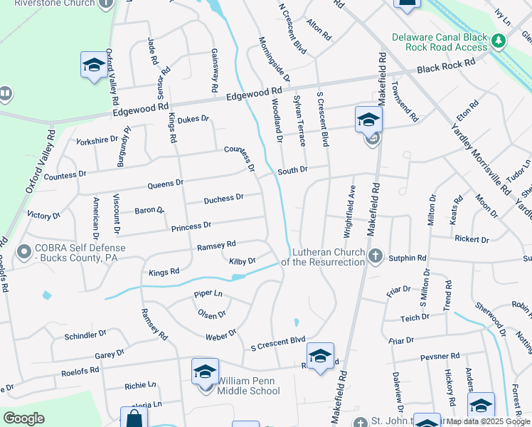 map of restaurants, bars, coffee shops, grocery stores, and more near 527 Countess Drive in Yardley