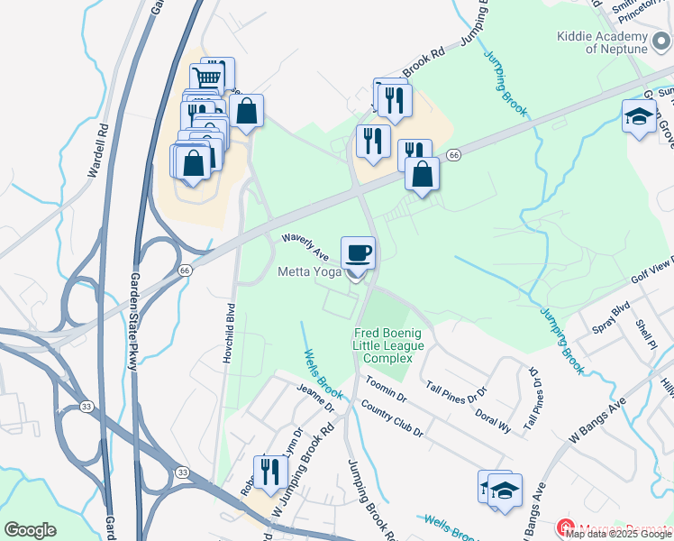 map of restaurants, bars, coffee shops, grocery stores, and more near 409 Waverly Avenue in Tinton Falls