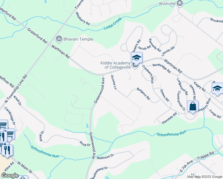 map of restaurants, bars, coffee shops, grocery stores, and more near 8 Acoma Lane in Collegeville