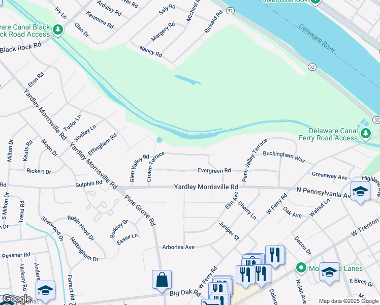 map of restaurants, bars, coffee shops, grocery stores, and more near 36 Crown Terrace in Yardley