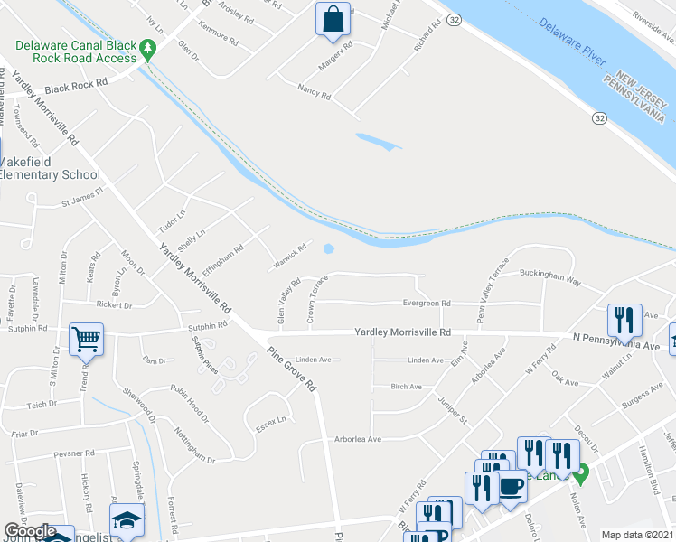 map of restaurants, bars, coffee shops, grocery stores, and more near 36 Crown Terrace in Yardley