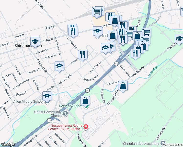map of restaurants, bars, coffee shops, grocery stores, and more near 3905 Rosemont Avenue in Camp Hill